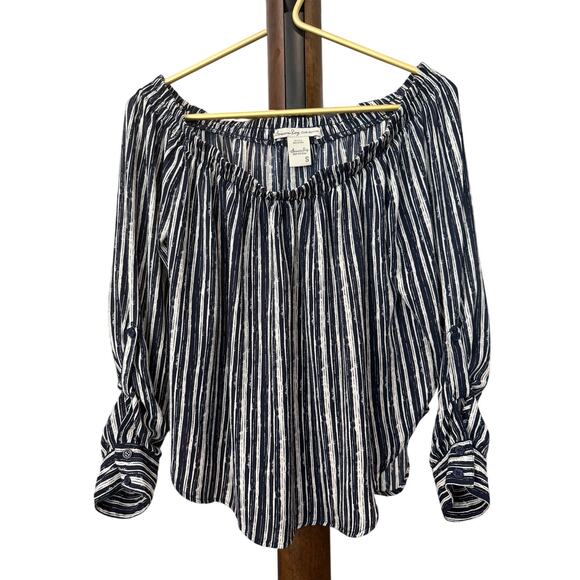 American Rag Navy White Stripe Off Shoulder Top Smocked Neck 3/4 Sleeve Sz S EUC - Picture 2 of 5